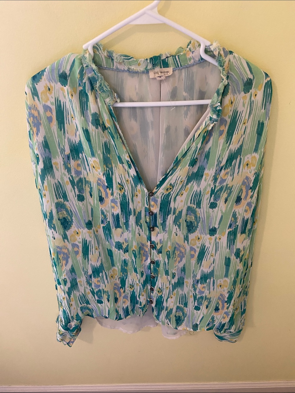 Anthropologie Green Teal and Yellow Floral Ruffle V-Neck Blouse